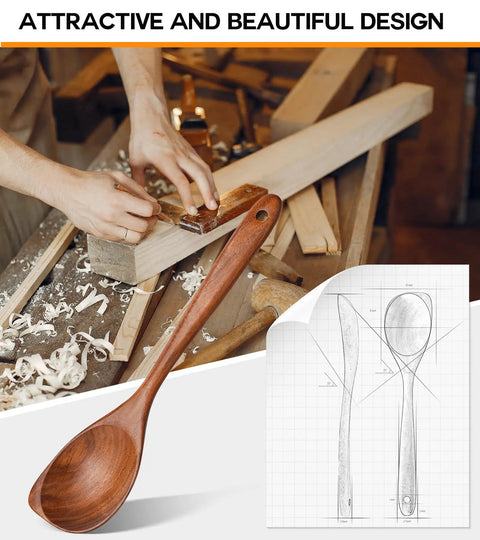 Artisan crafting Pro Grade Teak Wood Cooking Spoons Set With Heavy Grip, large wooden spatula design sketches, woodworking tools.