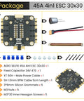 Package contents of Beefy 45A 4In1 ESC for FPV freestyle drones, includes ESC, capacitor, cables, and mounting screws.