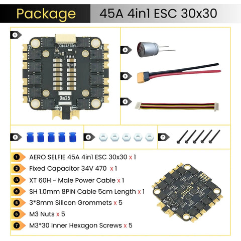 Package contents of Beefy 45A 4In1 ESC for FPV freestyle drones, includes ESC, capacitor, cables, and mounting screws.