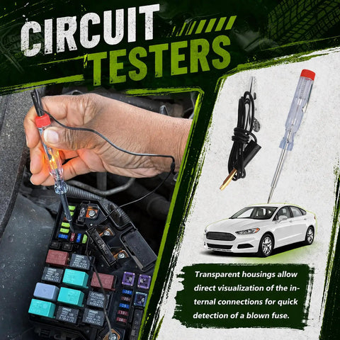 Heavy Duty Auto Blade Fuse Assortment Kit With Reliable Voltage Tester And Slip Proof Removal Pliers Covers Every Essential Amp Rating To Keep Your Whip Electrical System Solid From City Streets To Rural Highways showing hand using circuit tester on fuse box.