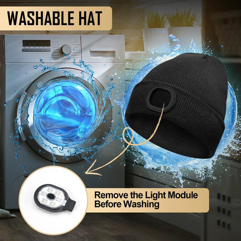 LED Beanie Hat With Light Rechargeable Knitted Cap for Men and Women shown next to washing machine, with detachable light module.