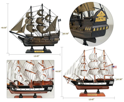 Handcrafted Wooden Model Ships Set Of Two Pirates And Warships Black Pearl And USS Constitution Ready To Display Fully Assembled