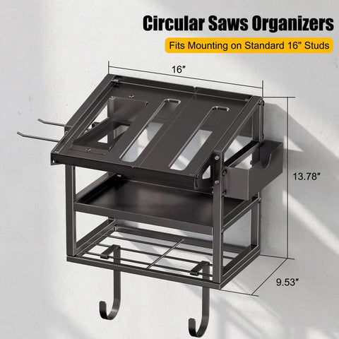 Heavy Duty Metal Circular Saw Holder Wall Mount And 3 Tier Tool Organizer for 7 And A Quarter Inch Saws Plus Jigsaw Angle Grinder Blades and Batteries Space Saving Vertical Rack