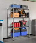 Rock Solid Heavy Duty 4 Tier Steel Wire Storage Rack With Durable Chrome Finish loaded with tools and bins in garage setting.
