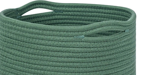 Green woven cotton cube basket from Round 11 Inch Storage Bins Set For Shelves, 3 Pack, showing texture and side view, fits 12x12 inch storage cubes.