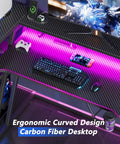 40 Inch L Shaped Gaming Desk With Power Outlet And LED Lights Carbon Fiber Textured Corner Computer Desk With keyboard and game controller