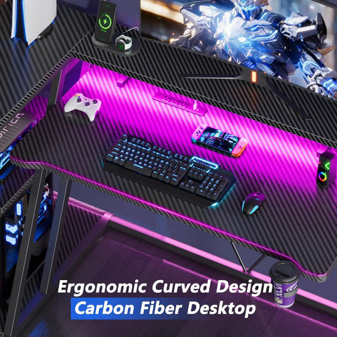 40 Inch L Shaped Gaming Desk With Power Outlet And LED Lights Carbon Fiber Textured Corner Computer Desk With keyboard and game controller
