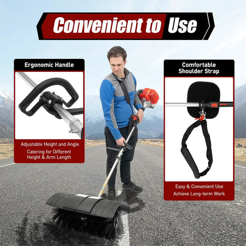 Beast 52cc Gas Power Sweeper With 2 Stroke Engine, Handheld Side Mounted Broom, Air Cooled System, Walk Behind Leaf Cleaner For Lawns, Turf And Artificial Grass Debris, shown with adjustable handle and shoulder strap