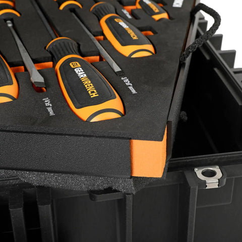 Heavy Duty Tool Carrier With Wheels For Pro Mechanics Military Grade Polypropylene Construction Four Foam Protected Trays For Standard Hand Tool Sets Mobile Toolbox Built To Keep Your Tools Ready showcasing a foam tray with orange and black handled screwdrivers.