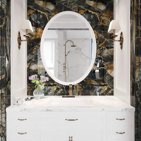 Bathroom with oval mirror, wall adorned with Slate Gold Marble Countertop Contact Paper Peel And Stick Self Adhesive Vinyl Waterproof DIY Friendly Glossy Finish For Kitchen And Bathroom Countertops 15.7 Inch Wide By 118 Inch Long Roll.