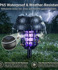 Solar Powered Bug Zapper For Outdoor Use Must Have Waterproof Mosquito Trap And Killer For Moths Gnats Flies Small Flying Insects Solar Zapper For Backyard Garden 4 Pack displaying waterproof feature in rain and UV light attraction.