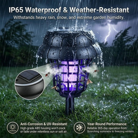 Solar Powered Bug Zapper For Outdoor Use Must Have Waterproof Mosquito Trap And Killer For Moths Gnats Flies Small Flying Insects Solar Zapper For Backyard Garden 4 Pack displaying waterproof feature in rain and UV light attraction.