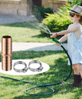 Child playing with hose next to Six Piece 5/8 Inch Garden Hose Repair Kit Aluminum Water Hose Mender Connectors With 12 Stainless Steel Clamps Brass Color