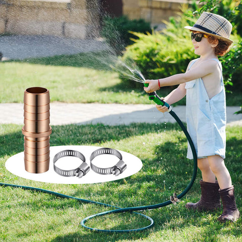 Child playing with hose next to Six Piece 5/8 Inch Garden Hose Repair Kit Aluminum Water Hose Mender Connectors With 12 Stainless Steel Clamps Brass Color