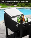 80 Quart Rolling Ice Chest On Wheels Portable Party Bar Cart For Cold Drinks And Beverages Mobile Cooler Cart by a pool