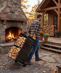 Man using Beefy Heavy Duty 800 Pound Firewood Rack Cart With Wheels For All Weather Indoor And Outdoor Storage near outdoor fireplace