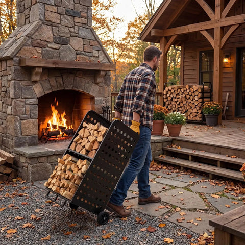 Man using Beefy Heavy Duty 800 Pound Firewood Rack Cart With Wheels For All Weather Indoor And Outdoor Storage near outdoor fireplace