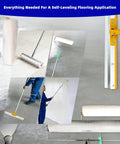 Spiked Roller Self Leveling Kit For Epoxy And Concrete Projects With Splash Guard Spike Shoes Paint Roller Trowel Scraper Leveling Rake Extension Pole Pro Grade All In One, displayed in use with various tools on concrete floor.