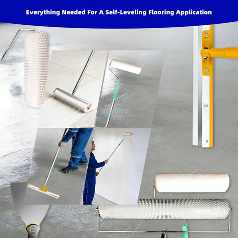 Spiked Roller Self Leveling Kit For Epoxy And Concrete Projects With Splash Guard Spike Shoes Paint Roller Trowel Scraper Leveling Rake Extension Pole Pro Grade All In One, displayed in use with various tools on concrete floor.