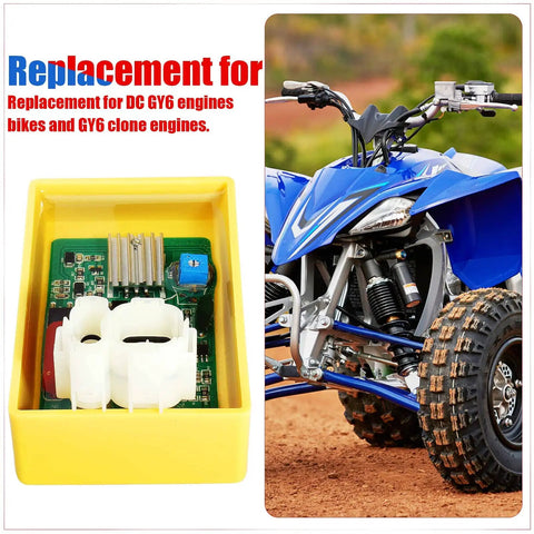 Performance Racing 6 Pin DC CDI Box For GY6 Engines With Adjustable Timing installed on blue ATV and in yellow box