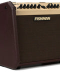 Loudbox Mini Bluetooth 60W Acoustic Amp For Guitar And Vocals With 1x6.5 Inch Speaker Two Channels Feedback Suppression Built In Effects Mic Input Gig Ready in brown finish showing control panel and speaker