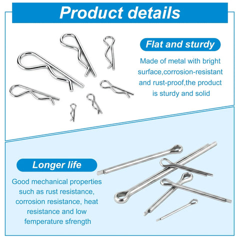 110 Piece Hardware Pins Set With Zinc Plated R Clips And U Type Cotter Pins 13 Popular Sizes for machinery repair