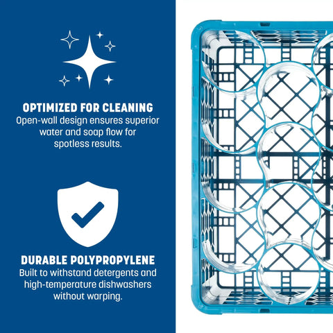 Top view of OptiClean NeWave 20-compartment glass rack with 2 extenders, blue polypropylene, showing optimized and durable design.