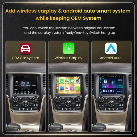 Jeep Cherokee Compass RAM CarPlay Decoder Retrofit Kit Wireless CarPlay And Android Auto Upgrade with GPS navigation displayed.