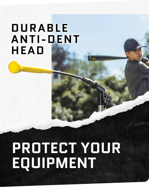 Hurricane Batting Swing Trainer with anti-dent head in use, showcasing the durable swing arm and target ball for baseball and softball.