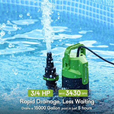 Three-Quarter HP Submersible Sump Pump Delivers Up To 3430 GPH For Quick Pool Draining, shown in a pool with 20 ft cord