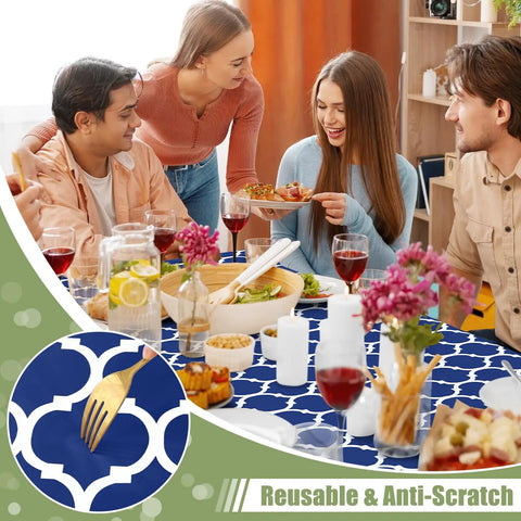 Group enjoying meal on table with Elastic Fitted Picnic Table Cover For 6 Foot Tables Waterproof Wipeable Vinyl With Flannel Back Navy 30x72 Inches Indoor Outdoor Table Protector Windproof Secure Fit And Easy Clean, navy pattern visible.