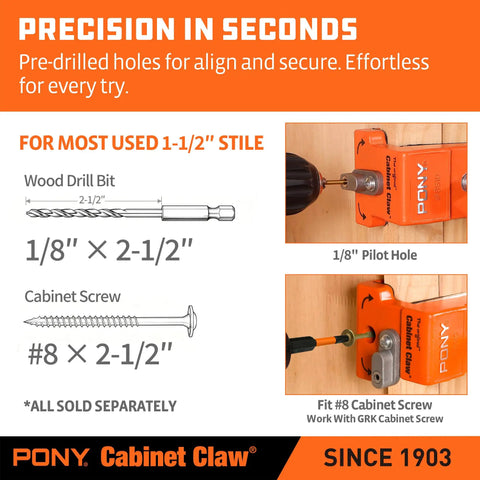 4 Pack Cabinet Clamps Set With 8510 Cabinet Claw For Face Frame Cabinet Installations, showing drill bit and screw sizes.
