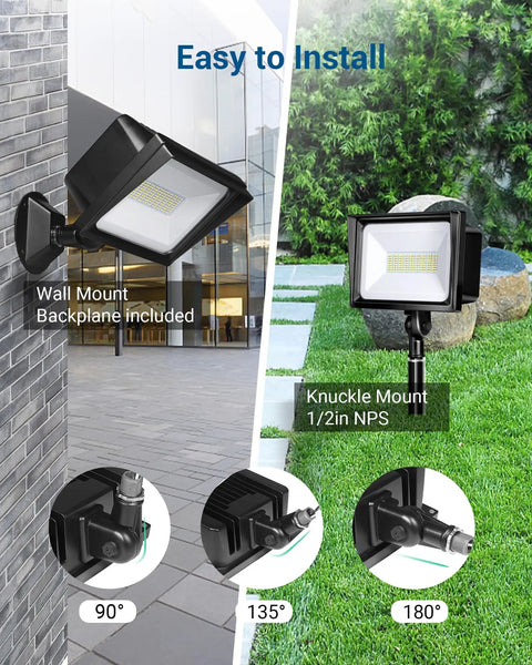 Two Pack 65W LED Flood Lights Outdoor Ultra Bright 6670 Lumens Security Lighting IP65 Waterproof 5000K Flood Lights for Yard Garage Garden Switch Controlled UL Listed, wall and knuckle mount configurations shown