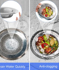 4 Pack Kitchen Sink Strainer Stopper Set with water draining and food blocking in stainless steel and silicone, 4.5 Inch diameter