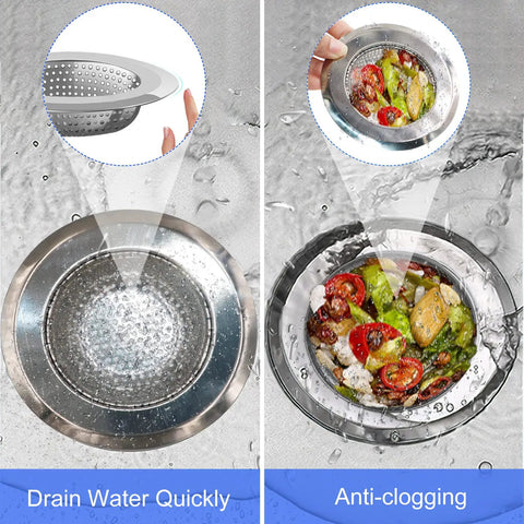 4 Pack Kitchen Sink Strainer Stopper Set with water draining and food blocking in stainless steel and silicone, 4.5 Inch diameter