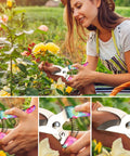 Woman using pruner from Ten Piece All In One Garden Tool Kit With Floral Print And Ergonomic Handles Including Trowel Rake Weeder Pruner Shears Sprayer And Hedge Shears In A Hard Shell Carrying Case Awesome Gift For Women And Dads