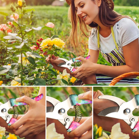 Woman using pruner from Ten Piece All In One Garden Tool Kit With Floral Print And Ergonomic Handles Including Trowel Rake Weeder Pruner Shears Sprayer And Hedge Shears In A Hard Shell Carrying Case Awesome Gift For Women And Dads