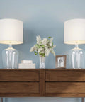 Glass Cloche Table Lamps Set of 2 Modern Farmhouse Accent Lights with LED bulbs on wooden dresser, enhancing home decor.