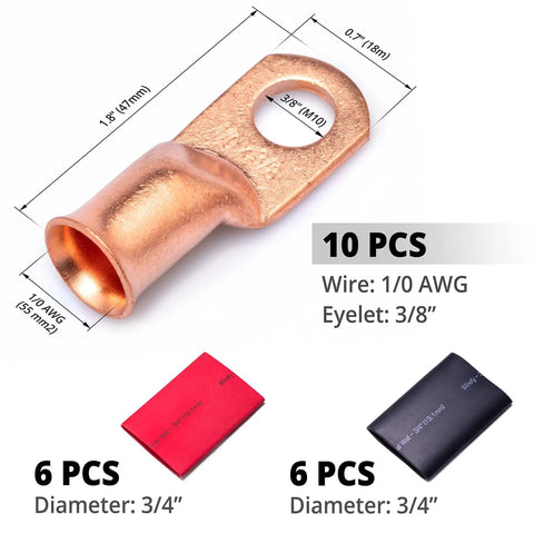Tough As Nails 1/0 Awg 3/8 Inch Copper Wire Lugs Heavy Duty Battery Terminal Connectors Crimp Cable Ends With Sealed Heat Shrink Tubing For Custom Car And Boat Builds, copper lug with dimensions.