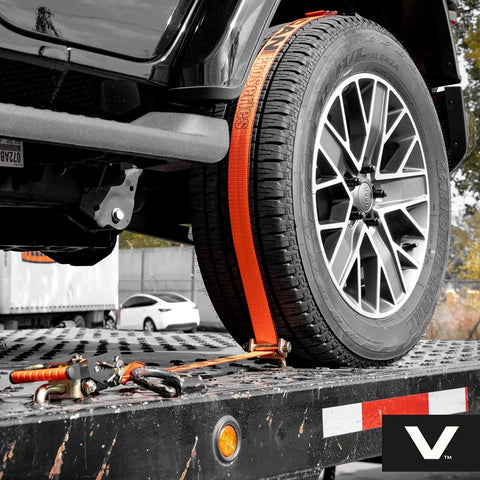 Beefed Up Auto Hauler Tie Down Straps With Rolling Idler, 3 Cleat System, securing tire on trailer, PRO Series, 3,300 Pound SWL