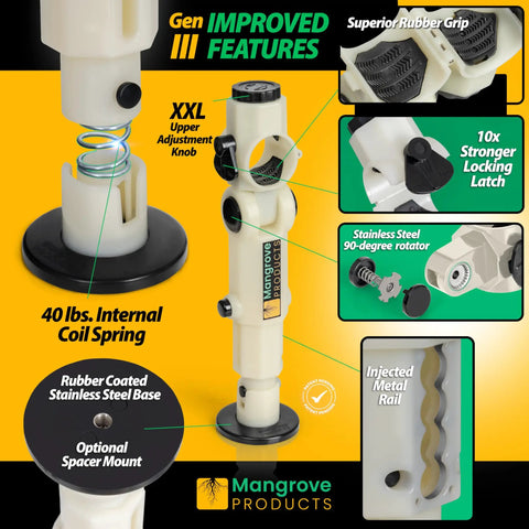 Built Tough Adjustable Trolling Motor Stabilizer Bracket With Vertical Adjustment And Shock Absorption showing rubber grip, coil spring, and stainless steel base.