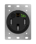 Matte Black 50 Amp Flush Mount Receptacle Nema 14-50R Ev Charger Socket Self Grounding Ulisted with stainless steel faceplate.