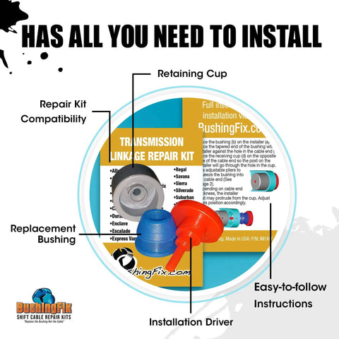 IM1KIT1 Transmission Shift Cable Bushing Repair Kit shown with components and installation instructions
