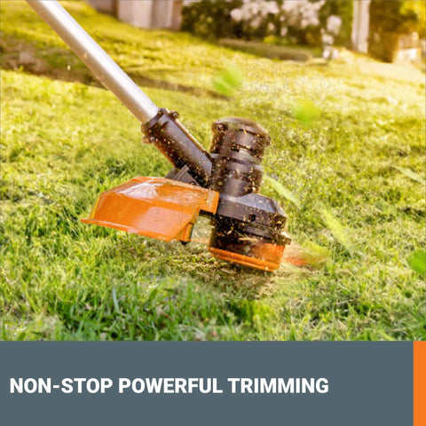 Ultra Lightweight 40V Cordless String Trimmer Weed Eater With 13 Inch Dual Exit Cutting Head Auto Feed Spool in use on grass