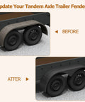 Before and after image of Beefy Tandem Axle Trailer Fenders 2 Pack, 66 Inch Long Teardrop Style Enclosed Fender Replacement for 13 to 15 Inch Wheels, Steel Plate, Black Finish, Fits Dual Axle Trailers, Heavy-Duty Protection and Easy Install, showing upgrade from plain to diamond-pattern fenders