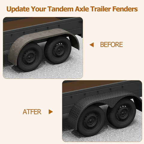 Before and after image of Beefy Tandem Axle Trailer Fenders 2 Pack, 66 Inch Long Teardrop Style Enclosed Fender Replacement for 13 to 15 Inch Wheels, Steel Plate, Black Finish, Fits Dual Axle Trailers, Heavy-Duty Protection and Easy Install, showing upgrade from plain to diamond-pattern fenders