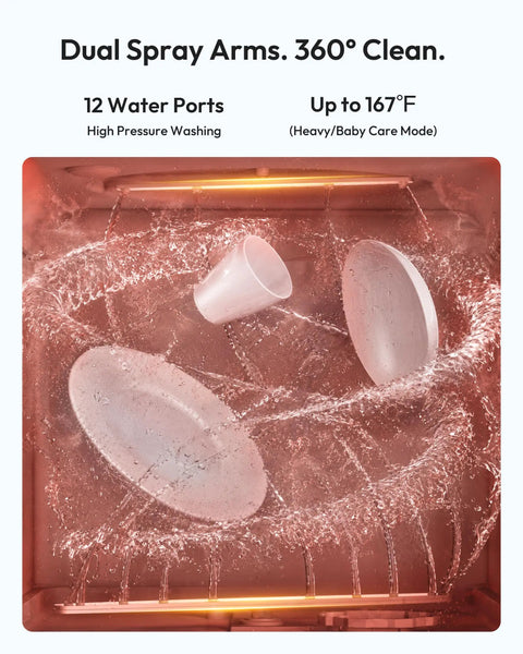 Portable Countertop Dishwasher Unit With Eight Quick Wash Cycles And Whisper Quiet Operation totally saves counter space, showing water spray and dishware.