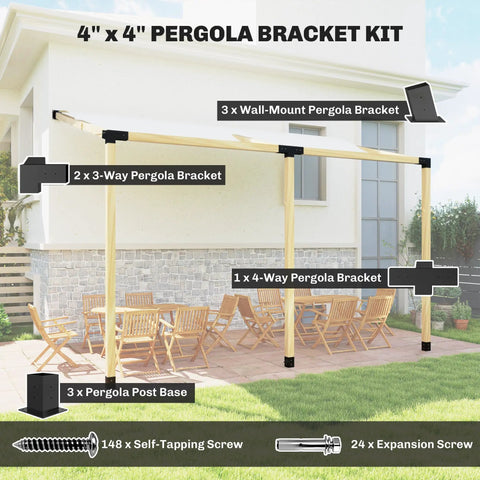 15 Degree Sloped Pergola Kit With 4 Way And 3 Way Corner Brackets, Post Bases And Wall Mounts For 4X4 Lumber Actual 3.6x3.6, 9 Piece DIY Hardware Set With Screws, Black Finish Ready To Build Outdoor Lean To Frame