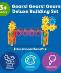 Gears 100-Piece Deluxe Building Set For STEM Fun, colorful gears assembled, highlighting benefits of critical thinking, creativity, observation.