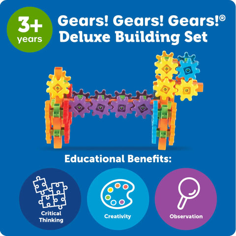 Gears 100-Piece Deluxe Building Set For STEM Fun, colorful gears assembled, highlighting benefits of critical thinking, creativity, observation.